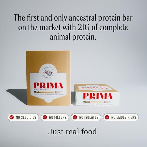 Prima Ancestral Protein Bar - Weideprotein-Riegel mit 21g Protein, Rindertalg, ohne Samenöle - Mokka, 7er Pack