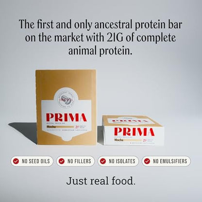 Prima Ancestral Protein Bar - Weideprotein-Riegel mit 21g Protein, Rindertalg, ohne Samenöle - Mokka, 7er Pack