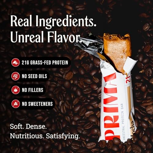 Prima Ancestral Protein Bar - Weideprotein-Riegel mit 21g Protein, Rindertalg, ohne Samenöle - Mokka, 7er Pack