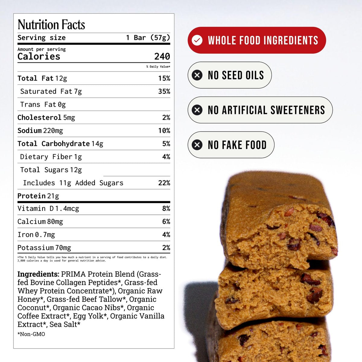 Prima Ancestral Protein Bar - Weideprotein-Riegel mit 21g Protein, Rindertalg, ohne Samenöle - Mokka, 7er Pack