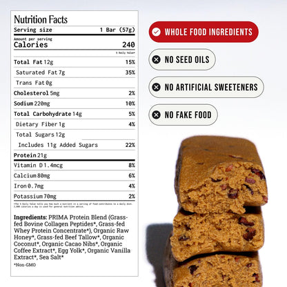 Prima Ancestral Protein Bar - Weideprotein-Riegel mit 21g Protein, Rindertalg, ohne Samenöle - Mokka, 7er Pack