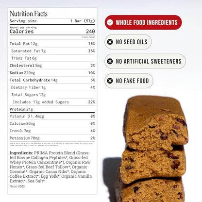 Prima Ancestral Protein Bar - Weideprotein-Riegel mit 21g Protein, Rindertalg, ohne Samenöle - Mokka, 7er Pack