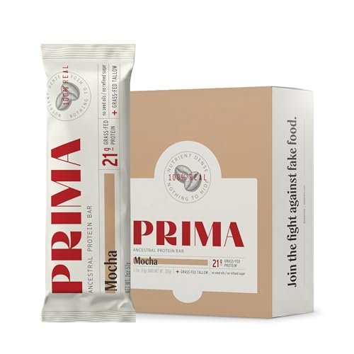 Prima Ancestral Protein Bar - Weideprotein-Riegel mit 21g Protein, Rindertalg, ohne Samenöle - Mokka, 7er Pack