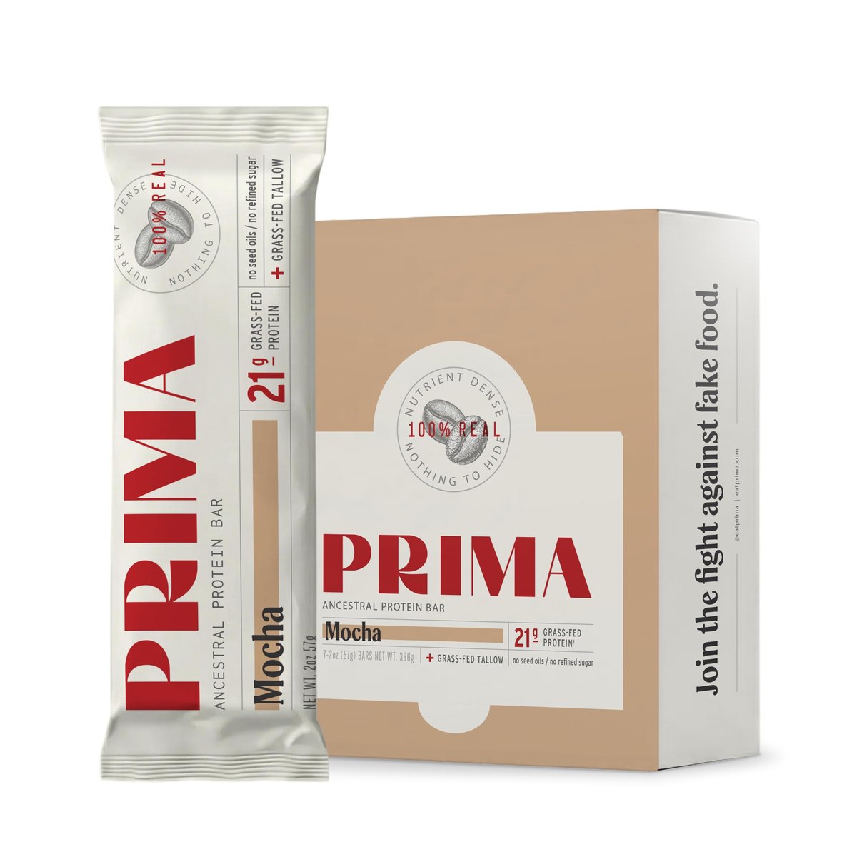 Prima Ancestral Protein Bar - Weideprotein-Riegel mit 21g Protein, Rindertalg, ohne Samenöle - Mokka, 7er Pack