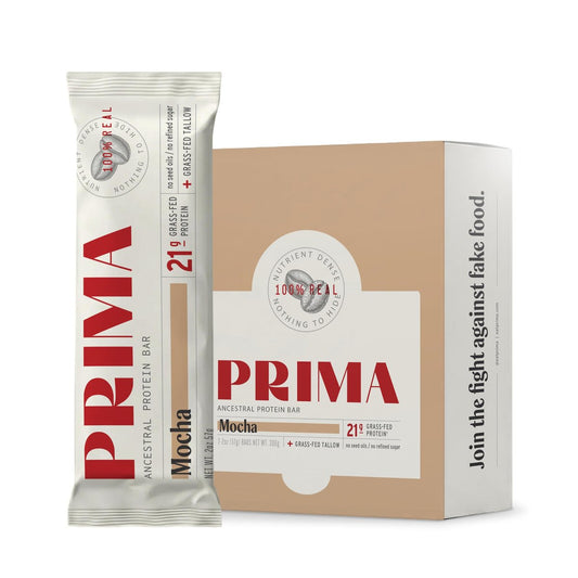 Prima Ancestral Protein Bar - Weideprotein-Riegel mit 21g Protein, Rindertalg, ohne Samenöle - Mokka, 7er Pack