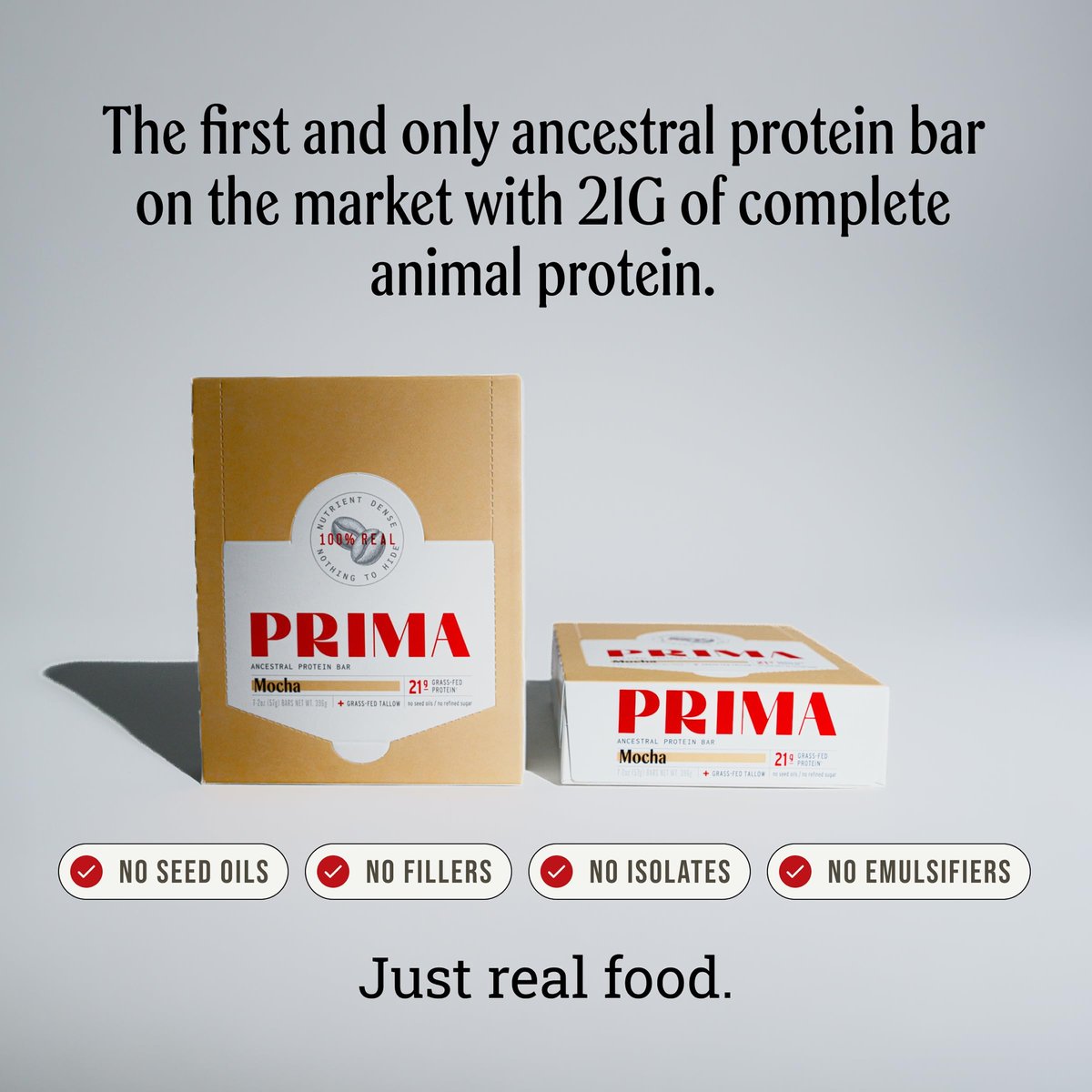 Prima Ancestral Protein Bar - Weideprotein-Riegel mit 21g Protein, Rindertalg, ohne Samenöle - Mokka, 7er Pack