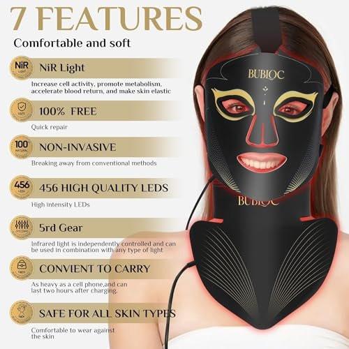 Rotlicht-Therapie-Maske Set, Fünfstufige Helligkeitsanpassung für Gesicht und Hals, 630nm Infrarotlicht + 850nm Nahinfrarot-LED-Therapie, Tragbare Maske mit Stromspeicher, Schwarz