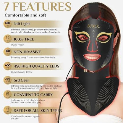 Rotlicht-Therapie-Maske Set, Fünfstufige Helligkeitsanpassung für Gesicht und Hals, 630nm Infrarotlicht + 850nm Nahinfrarot-LED-Therapie, Tragbare Maske mit Stromspeicher, Schwarz