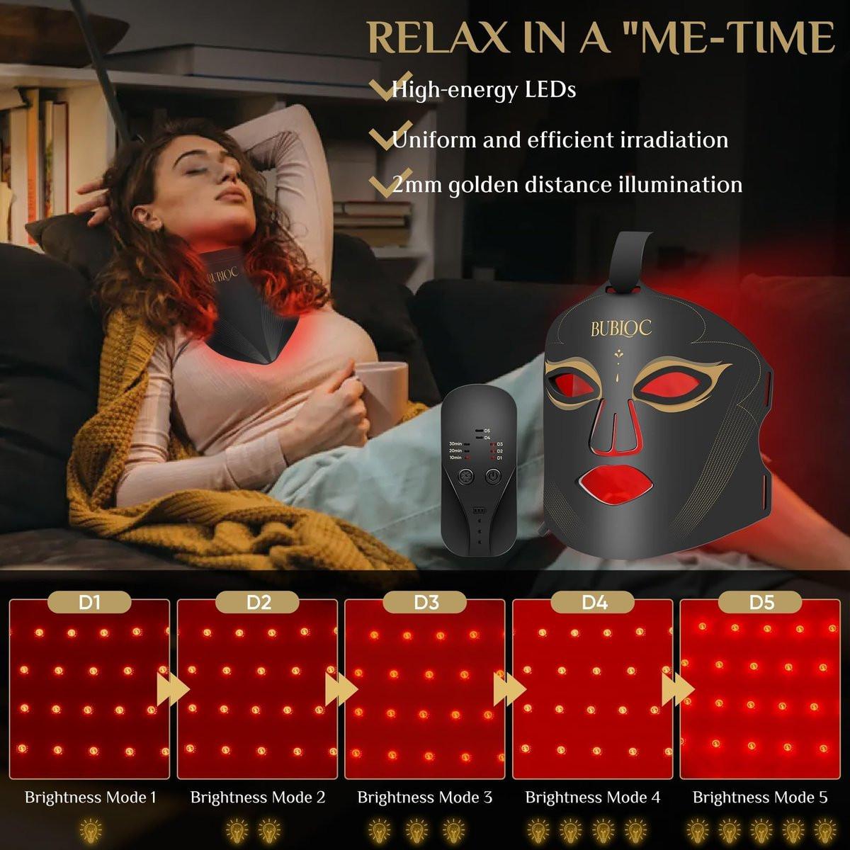 Rotlicht-Therapie-Maske Set, Fünfstufige Helligkeitsanpassung für Gesicht und Hals, 630nm Infrarotlicht + 850nm Nahinfrarot-LED-Therapie, Tragbare Maske mit Stromspeicher, Schwarz