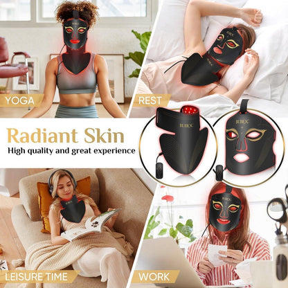 Rotlicht-Therapie-Maske Set, Fünfstufige Helligkeitsanpassung für Gesicht und Hals, 630nm Infrarotlicht + 850nm Nahinfrarot-LED-Therapie, Tragbare Maske mit Stromspeicher, Schwarz