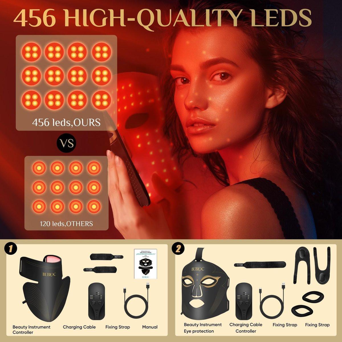 Rotlicht-Therapie-Maske Set, Fünfstufige Helligkeitsanpassung für Gesicht und Hals, 630nm Infrarotlicht + 850nm Nahinfrarot-LED-Therapie, Tragbare Maske mit Stromspeicher, Schwarz