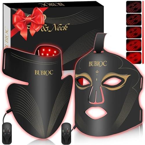 Rotlicht-Therapie-Maske Set, Fünfstufige Helligkeitsanpassung für Gesicht und Hals, 630nm Infrarotlicht + 850nm Nahinfrarot-LED-Therapie, Tragbare Maske mit Stromspeicher, Schwarz