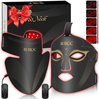 Rotlicht-Therapie-Maske Set, Fünfstufige Helligkeitsanpassung für Gesicht und Hals, 630nm Infrarotlicht + 850nm Nahinfrarot-LED-Therapie, Tragbare Maske mit Stromspeicher, Schwarz