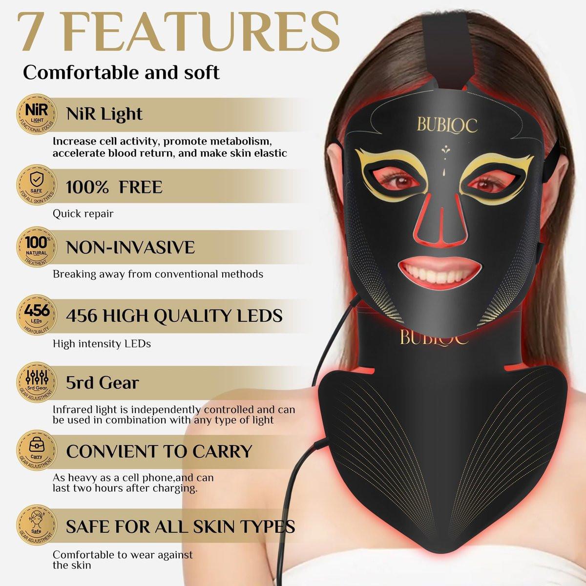 Rotlicht-Therapie-Maske Set, Fünfstufige Helligkeitsanpassung für Gesicht und Hals, 630nm Infrarotlicht + 850nm Nahinfrarot-LED-Therapie, Tragbare Maske mit Stromspeicher, Schwarz