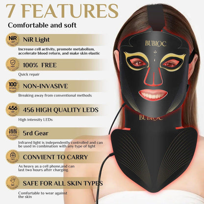 Rotlicht-Therapie-Maske Set, Fünfstufige Helligkeitsanpassung für Gesicht und Hals, 630nm Infrarotlicht + 850nm Nahinfrarot-LED-Therapie, Tragbare Maske mit Stromspeicher, Schwarz