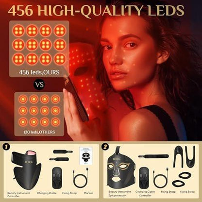 Rotlicht-Therapie-Maske Set, Fünfstufige Helligkeitsanpassung für Gesicht und Hals, 630nm Infrarotlicht + 850nm Nahinfrarot-LED-Therapie, Tragbare Maske mit Stromspeicher, Schwarz