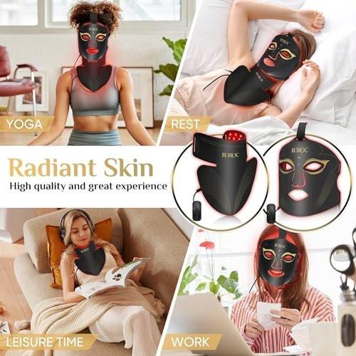 Rotlicht-Therapie-Maske Set, Fünfstufige Helligkeitsanpassung für Gesicht und Hals, 630nm Infrarotlicht + 850nm Nahinfrarot-LED-Therapie, Tragbare Maske mit Stromspeicher, Schwarz