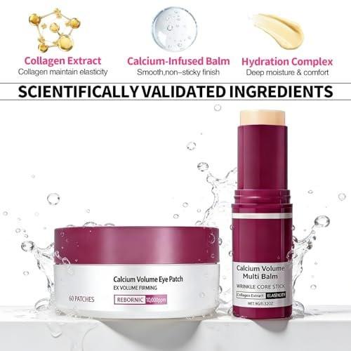 HUiPENGFEI Augenpflege-Set – Calcium Multi-Balm Stick + 30 Paar feuchtigkeitsspendende Augenpads, nährende Calcium-Volumen-Creme, kollagenfeuchtigkeitsspendend, sanft zur Haut, tägliche Augenpflege
