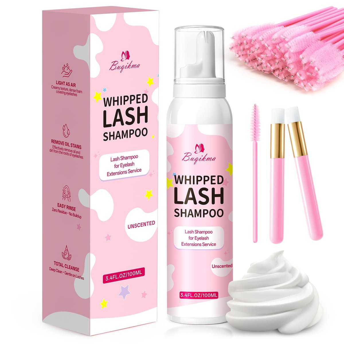 Buqikma Whipped Lash Cream Shampoo Kit – Wimpern-Reinigungsschaum mit Bürste 3,4 fl.oz/100ml – Verlängerungsentferner für Wimpernverlängerungen & Cluster-Wimpern für den Salon- & Heimgebrauch (Duftfrei)