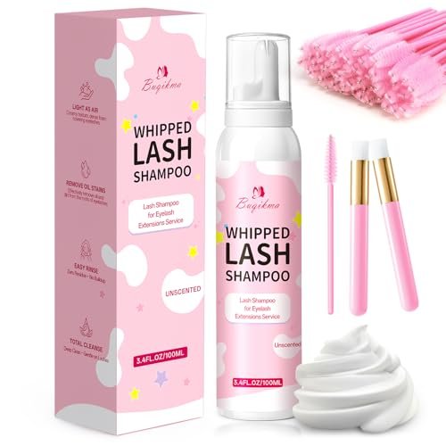 Buqikma Whipped Lash Cream Shampoo Kit – Wimpern-Reinigungsschaum mit Bürste 3,4 fl.oz/100ml – Verlängerungsentferner für Wimpernverlängerungen & Cluster-Wimpern für den Salon- & Heimgebrauch (Duftfrei)