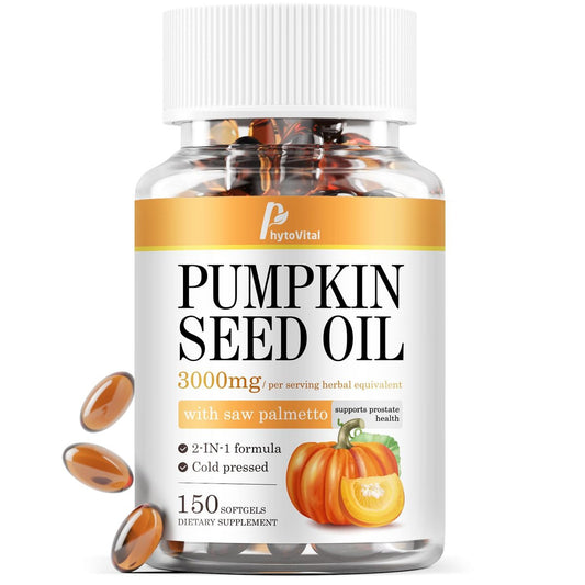 PhytoVital Kürbiskernöl mit Sägepalme Kapseln, 3000mg, 150 Softgels | Kaltgepresstes reines Jungfernöl | Essentielle Fettsäuren, Phytosterine | Immun-, Haar-, Blasen- & Prostatastütze | Non-GMO, 1 Pack