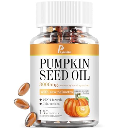 PhytoVital Kürbiskernöl mit Sägepalme Kapseln, 3000mg, 150 Softgels | Kaltgepresstes reines Jungfernöl | Essentielle Fettsäuren, Phytosterine | Immun-, Haar-, Blasen- & Prostatastütze | Non-GMO, 1 Pack