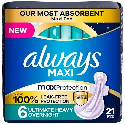Always Maxi Overnight Damenbinden mit Flügeln, Größe 6, ultimative saugstarke Nachtvorlage, unparfümiert, bis zu 100% auslaufsicherer Schutz, 21 Stück