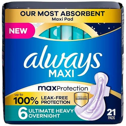 Always Maxi Overnight Damenbinden mit Flügeln, Größe 6, ultimative saugstarke Nachtvorlage, unparfümiert, bis zu 100% auslaufsicherer Schutz, 21 Stück