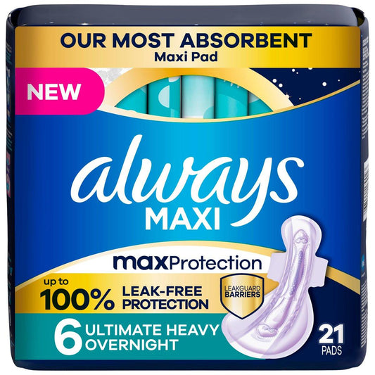 Always Maxi Overnight Damenbinden mit Flügeln, Größe 6, ultimative saugstarke Nachtvorlage, unparfümiert, bis zu 100% auslaufsicherer Schutz, 21 Stück