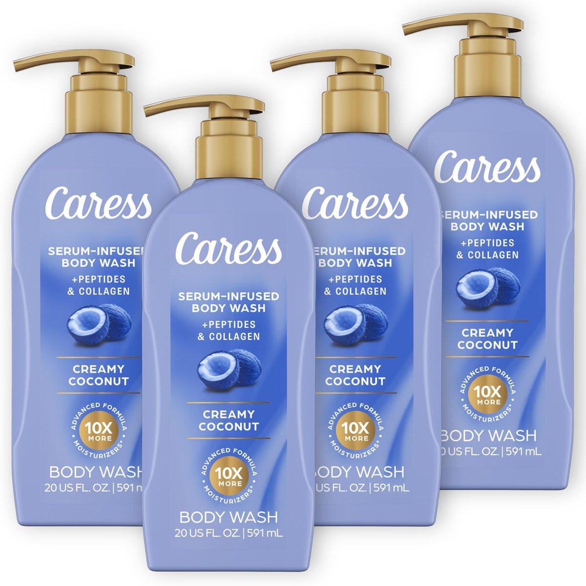 Caress Creamy Coconut Feuchtigkeitsspendendes Duschgel mit Pumpe – Serum-infundierte Formel mit Peptiden & Kollagen, fruchtiger tropischer Langzeitduft, dermatologisch getestet, 20 Fl Oz (4er-Pack)