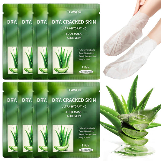 TEAWOO 8 Paar Feuchtigkeitsspendende Fußmasken mit Aloe Vera Extrakt & Jojobaöl – Intensiv Hydratisierende Fußmaske für trockene, rissige Füße, Feuchtigkeitssocken zur Behandlung von rissigen Fersen