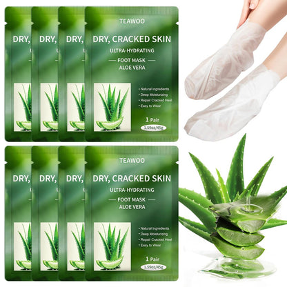 TEAWOO 8 Paar Feuchtigkeitsspendende Fußmasken mit Aloe Vera Extrakt & Jojobaöl – Intensiv Hydratisierende Fußmaske für trockene, rissige Füße, Feuchtigkeitssocken zur Behandlung von rissigen Fersen