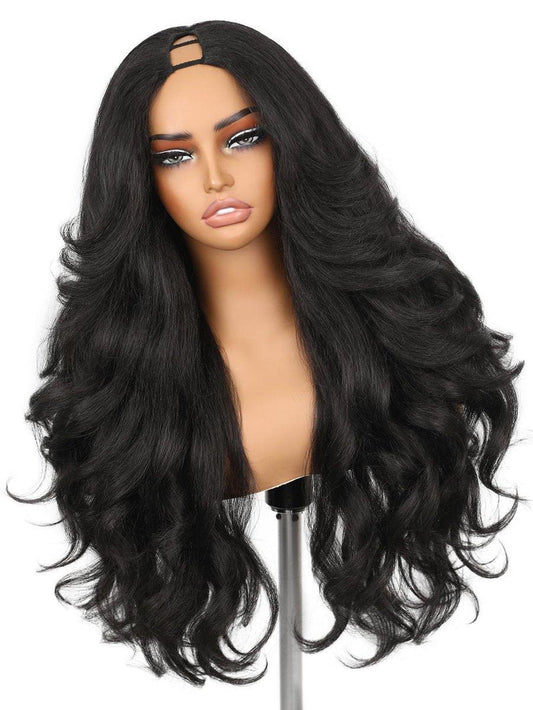 HANNE Yaki Curly V Part Wig Synthetische Half Wig U Part Wig 26 Zoll Flauschige Wellige Flip Locken Hitzebeständig 356°F Klebefrei Anfängerfreundliche Haarverlängerungsperücke für Schwarze Frauen (Natur Schwarz)