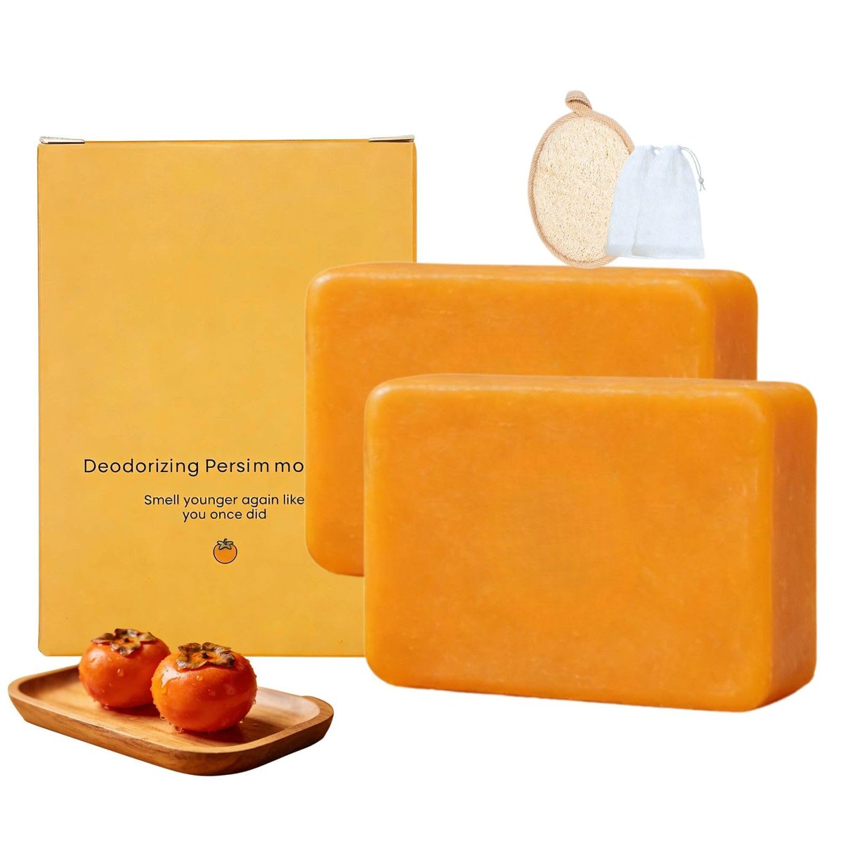 Natürliche japanische Kaki-Seife, 2 Stück desodorierende Körperseife gegen Altersgeruch und Körpergeruch, mit Peeling-Luffa-Pad & Schaumnetz, mild für die meisten Hauttypen