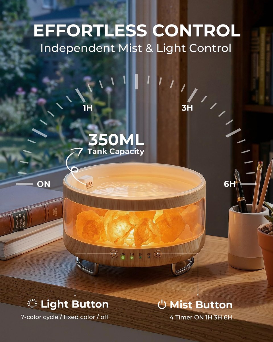 Ultraschall-Aromatherapie-Diffuser mit Himalaya-Salzlampe, 350 ml, 7 LED-Farben, Timer & Auto-Abschaltung für Zuhause, Büro, Schlafzimmer, Spa & Yoga