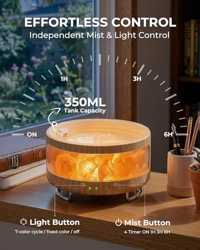 Ultraschall-Aromatherapie-Diffuser mit Himalaya-Salzlampe, 350 ml, 7 LED-Farben, Timer & Auto-Abschaltung für Zuhause, Büro, Schlafzimmer, Spa & Yoga