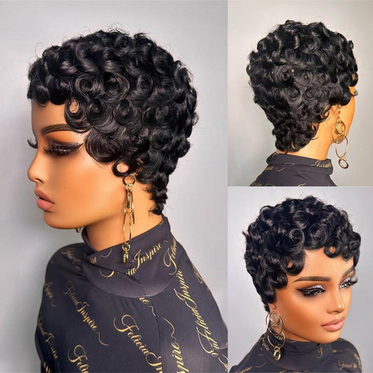 FREEKWEEN Kurze Lockige Pixie Cut Perücke für Schwarze Frauen – Echthaar 1B Finger Wave Stil mit Pin Curls – Glueless Kurze Layered Brasilianisches Virgin Echthaar Perücke für den täglichen Gebrauch