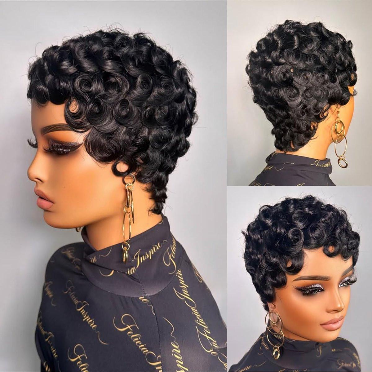 FREEKWEEN Kurze Lockige Pixie Cut Perücke für Schwarze Frauen – Echthaar 1B Finger Wave Stil mit Pin Curls – Glueless Kurze Layered Brasilianisches Virgin Echthaar Perücke für den täglichen Gebrauch