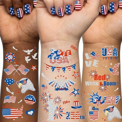 Vagilelf 250. Jubiläumsdekorationen, 3 Bögen 4. Juli Tattoos, America 250 Merchandise mit Premium Silberfolie, Schimmernde Rot-Weiß-Blau Patriotische Körperaufkleber für USA Party Dekorationen