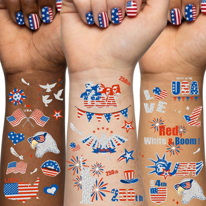 Vagilelf 250. Jubiläumsdekorationen, 3 Bögen 4. Juli Tattoos, America 250 Merchandise mit Premium Silberfolie, Schimmernde Rot-Weiß-Blau Patriotische Körperaufkleber für USA Party Dekorationen