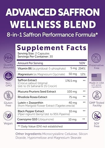 Lunakai USA Hergestellte Safran-Ergänzung für Frauen & Männer 176 mg – 8-in-1 Safranextrakt-Kapseln mit Rhodiola & Mucuna für tägliche Stimmung, Konzentration & Augengesundheit, Nicht-GVO, 60 Stück
