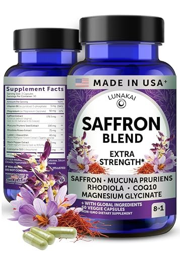 Lunakai USA Hergestellte Safran-Ergänzung für Frauen & Männer 176 mg – 8-in-1 Safranextrakt-Kapseln mit Rhodiola & Mucuna für tägliche Stimmung, Konzentration & Augengesundheit, Nicht-GVO, 60 Stück
