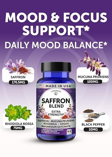 Lunakai USA Hergestellte Safran-Ergänzung für Frauen & Männer 176 mg – 8-in-1 Safranextrakt-Kapseln mit Rhodiola & Mucuna für tägliche Stimmung, Konzentration & Augengesundheit, Nicht-GVO, 60 Stück