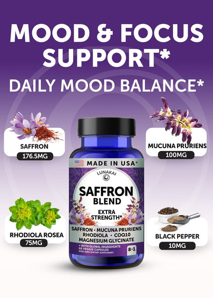 Lunakai USA Hergestellte Safran-Ergänzung für Frauen & Männer 176 mg – 8-in-1 Safranextrakt-Kapseln mit Rhodiola & Mucuna für tägliche Stimmung, Konzentration & Augengesundheit, Nicht-GVO, 60 Stück