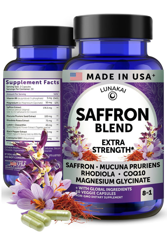 Lunakai USA Hergestellte Safran-Ergänzung für Frauen & Männer 176 mg – 8-in-1 Safranextrakt-Kapseln mit Rhodiola & Mucuna für tägliche Stimmung, Konzentration & Augengesundheit, Nicht-GVO, 60 Stück