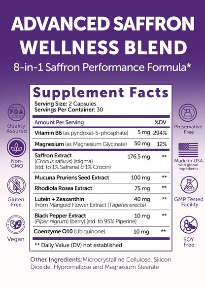 Lunakai USA Hergestellte Safran-Ergänzung für Frauen & Männer 176 mg – 8-in-1 Safranextrakt-Kapseln mit Rhodiola & Mucuna für tägliche Stimmung, Konzentration & Augengesundheit, Nicht-GVO, 60 Stück