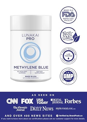Lunakai USA Hergestellte Methylenblau Gummies 20 mg mit CoQ10 & Vitamin C – USP- und Pharmazeutische Qualität, tägliches Nootropikum für Gehirnfokus, kognitive Unterstützung & Energie, Non-GMO, 60 Stück
