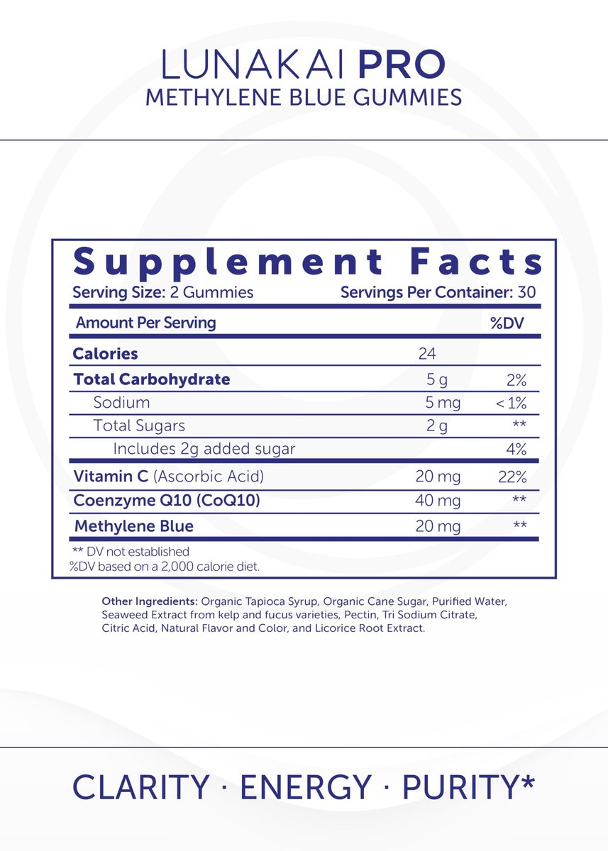 Lunakai USA Hergestellte Methylenblau Gummies 20 mg mit CoQ10 & Vitamin C – USP- und Pharmazeutische Qualität, tägliches Nootropikum für Gehirnfokus, kognitive Unterstützung & Energie, Non-GMO, 60 Stück