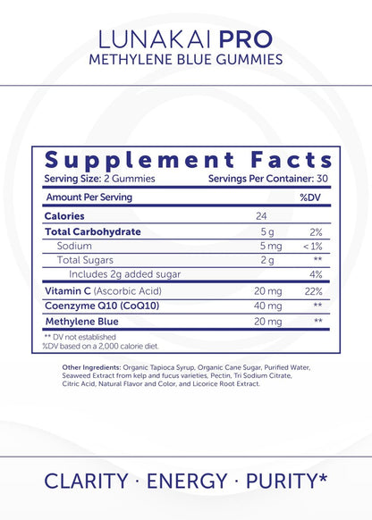 Lunakai USA Hergestellte Methylenblau Gummies 20 mg mit CoQ10 & Vitamin C – USP- und Pharmazeutische Qualität, tägliches Nootropikum für Gehirnfokus, kognitive Unterstützung & Energie, Non-GMO, 60 Stück