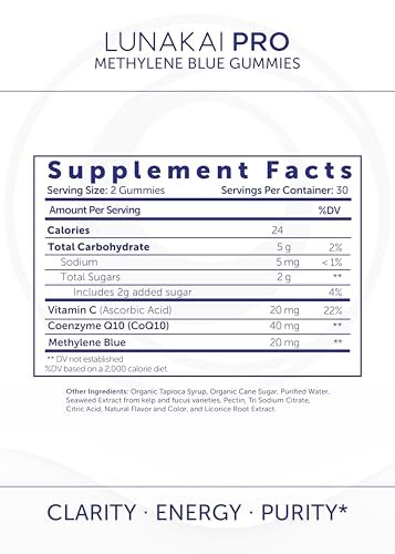Lunakai USA Hergestellte Methylenblau Gummies 20 mg mit CoQ10 & Vitamin C – USP- und Pharmazeutische Qualität, tägliches Nootropikum für Gehirnfokus, kognitive Unterstützung & Energie, Non-GMO, 60 Stück